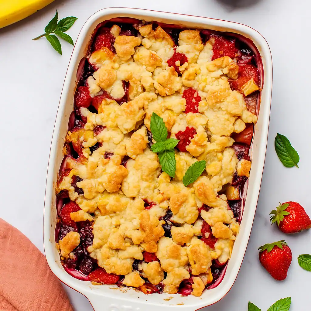 Fruitcrumble met fruit onder korst