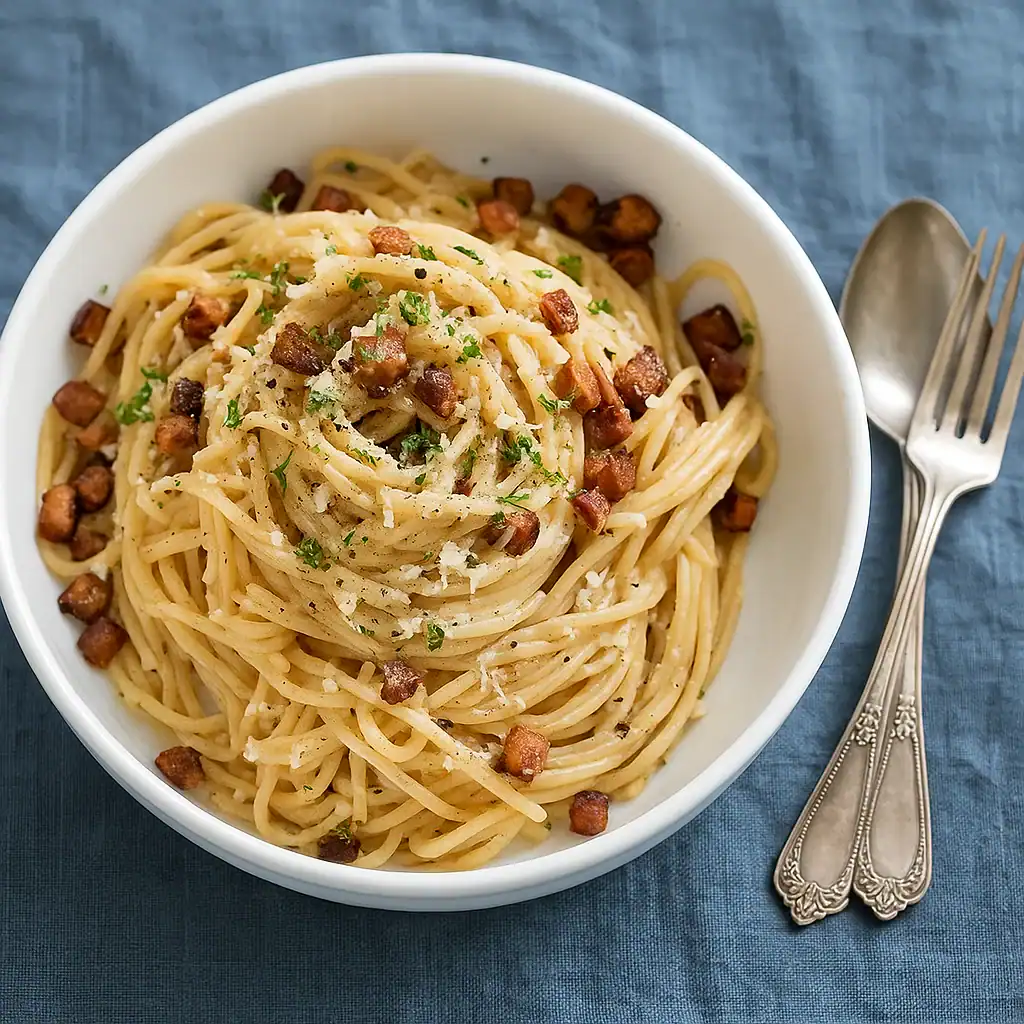Vegan spaghetti carbonara met room en tofu spek