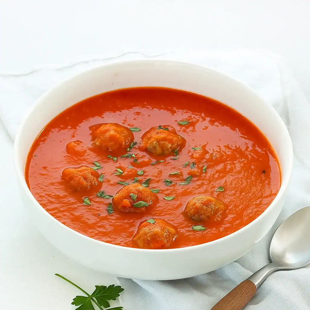 Vegan tomatensoep met balletjes